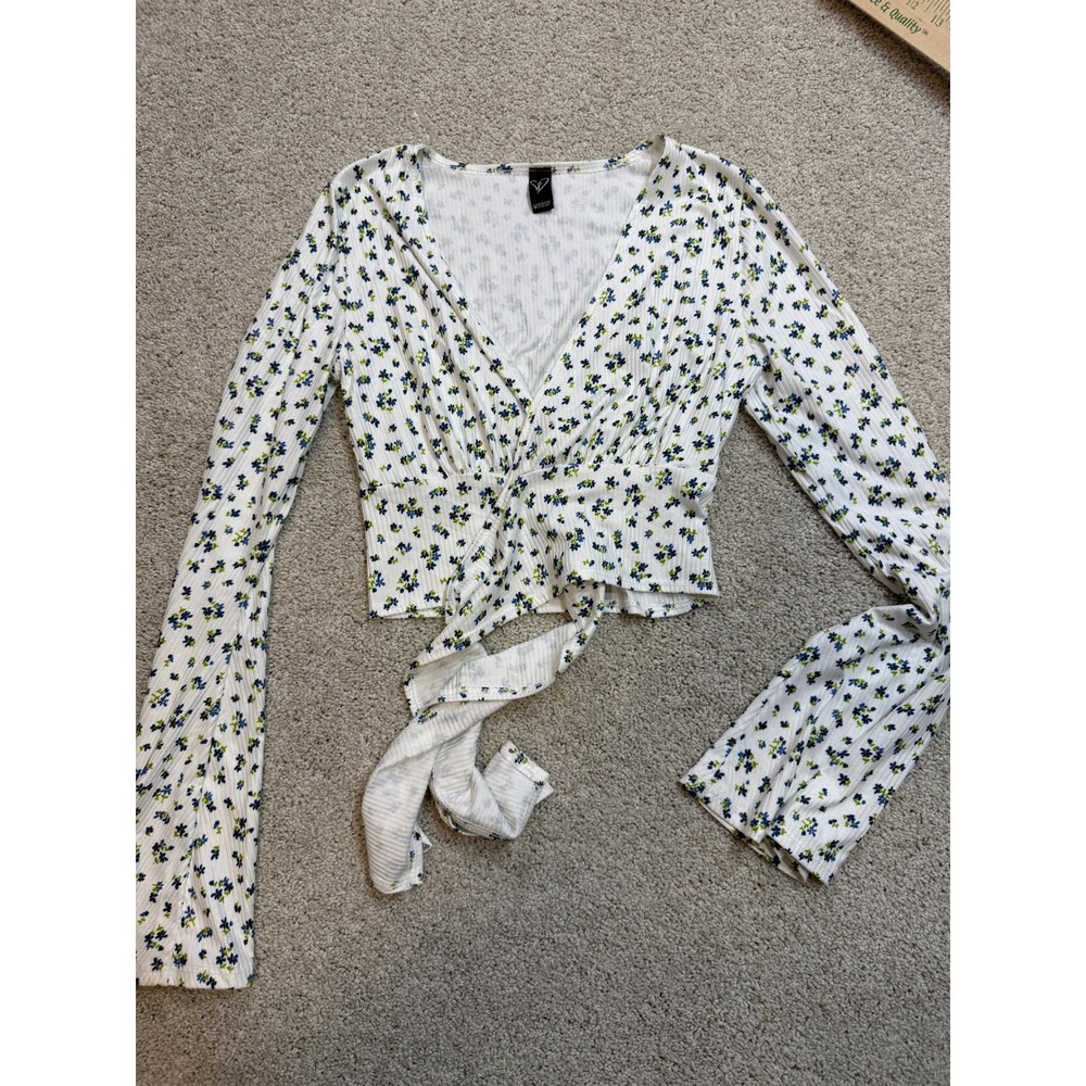 Windsor Floral Ditsy Ribbed Tie Front Crop Top Long Bell Sleeve White Blue Small